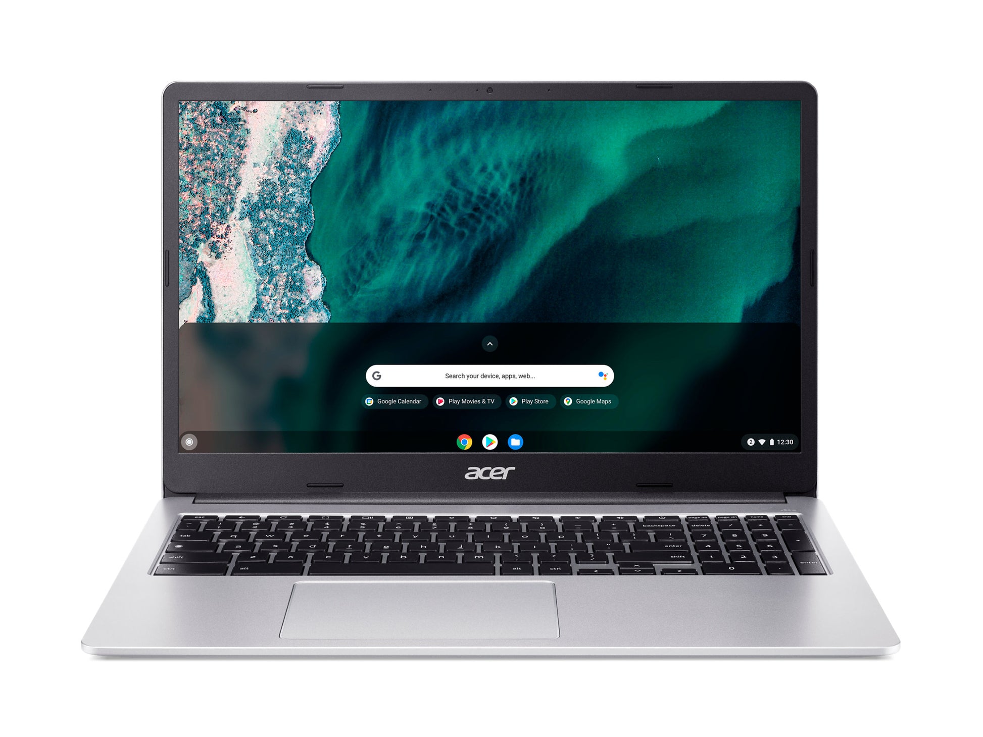 Acer Chromebook 15 with numeric keypad, front facing, screen open and on, white background